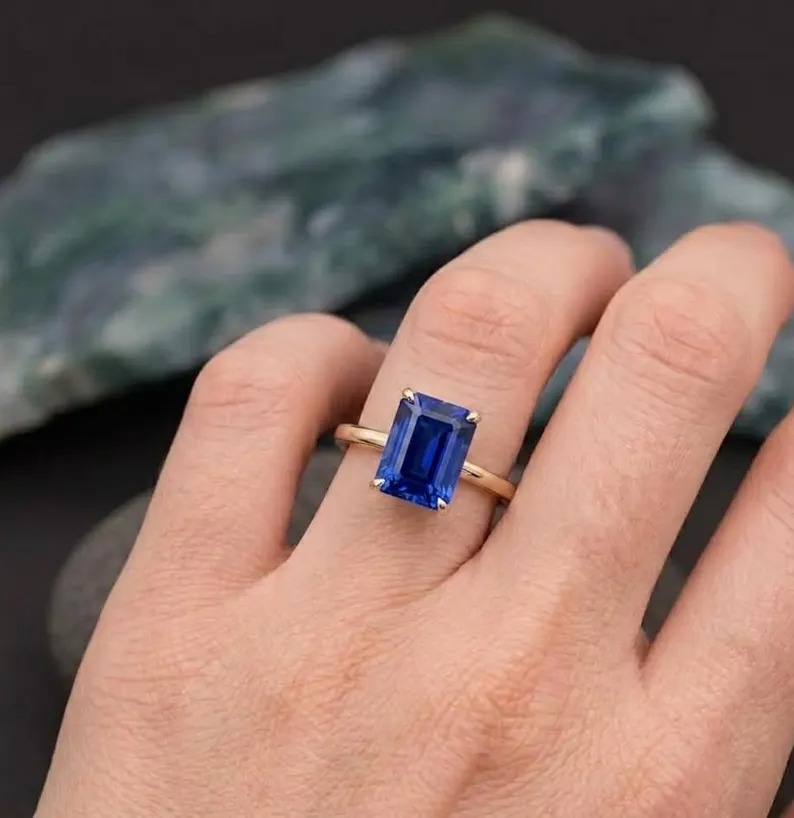 Emerald Cut Sapphire Ring, Vintage 14k Solid Gold Anniversary Ring, September Birthstone Gifts Women, London Blue Sapphire Engagement Ring