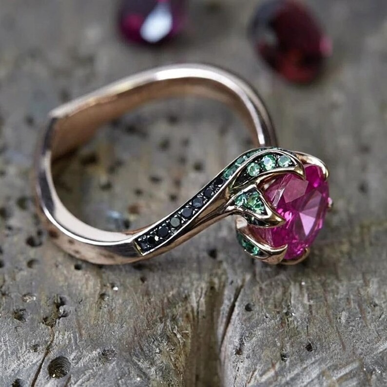 Round Cut Pink Sapphire Ring 18K Yellow Gold Bridal Ring, Delicate Art Deco Jewelry, Green And Black Gemstone Accents, Personalized Ring