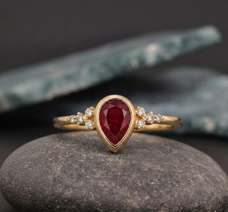 Pear Shape Ruby Ring Gold | Vintage Style Engagement Ring | Ruby Diamond Ring | Handmade Bridal Ring | Unique Teardrop Gemstone Jewelry Gift