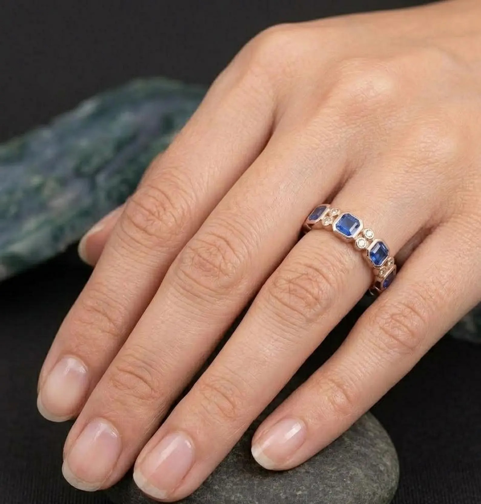 Princess Cut Sapphire Wedding Band, Blue Gemstone Jewelry, Dainty Promise Ring, Half Eternity Stacking Matching Band, Bridal Ring for Women