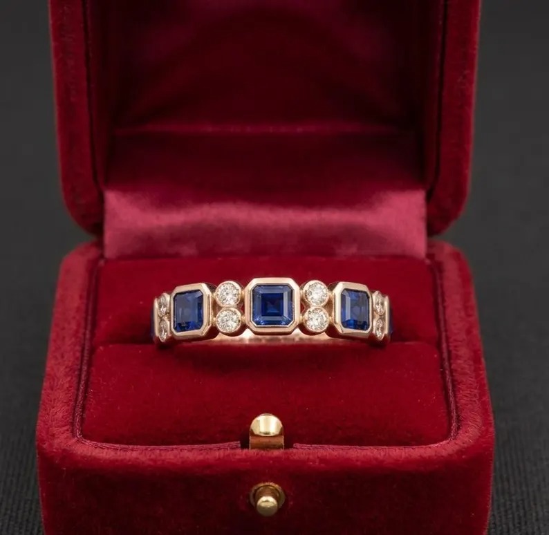 Princess Cut Sapphire Band, Moissanite Sapphire Ring, Dainty Blue Promise Ring, Half Eternity Stacking Matching Band, Bridal Ring for Women