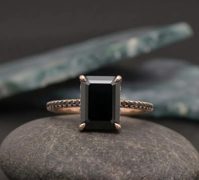 Art Deco Emerald Shaped Black Onyx Engagement Ring, 925 Silver Black Gemstone Wedding Ring Unique Black Onyx Bridal Anniversary Promise Ring