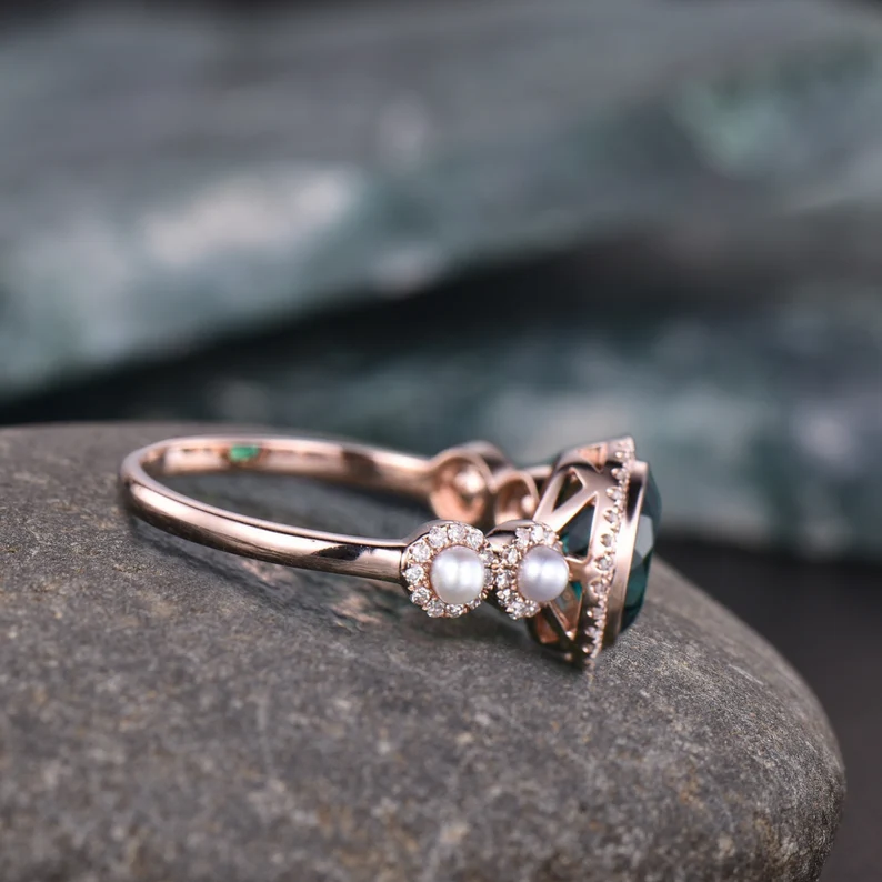 Vintage unique oval Alexandrite engagement ring 14k rose gold Akoya Pearl ring halo moissanite ring 8 prong bridal wedding ring for women