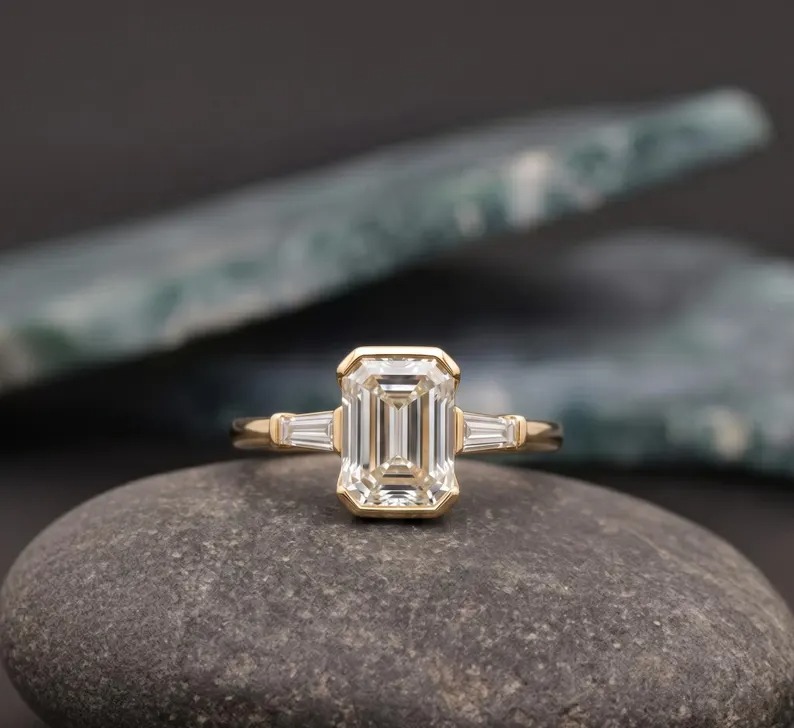 Emerald Cut Moissanite Engagement Ring, 14K Gold Bezel Setting Wedding Ring, Three Stone Diamond Baguette Cluster Ring, Promise Ring for Her
