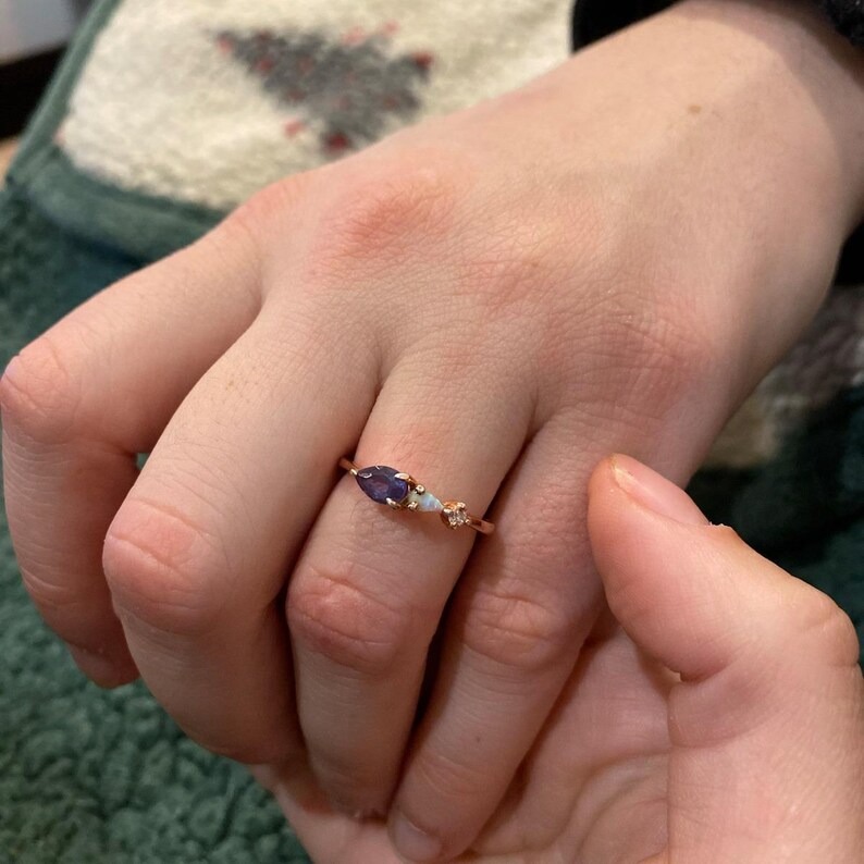 Vintage Alexandrite Opal Engagement Ring, Pear Cut Gems Art Deco Moissanite Wedding Band, Personalized Anniversary Gift Ring For Wife