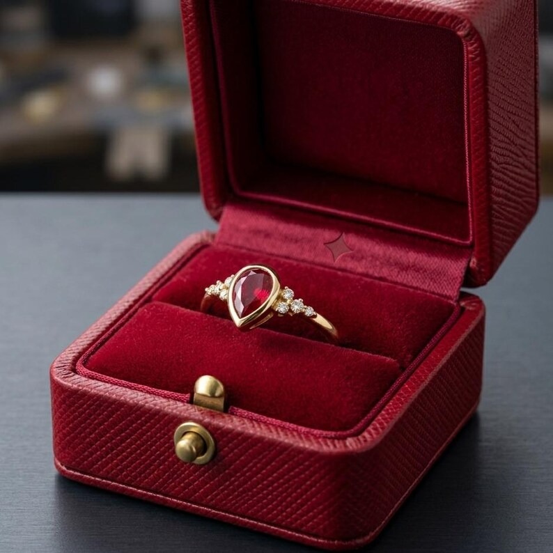 Pear Shape Ruby Ring Gold | Vintage Style Engagement Ring | Ruby Diamond Ring | Handmade Bridal Ring | Unique Teardrop Gemstone Jewelry Gift