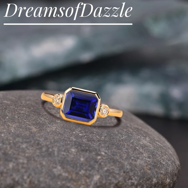 Blue Gemstone Ring,8x11mm Emerald Cut Sapphire Center Engagement Ring,Vintage Anniversary Ring,Prong Set Ring,Birthstone Ring,Gift For Women