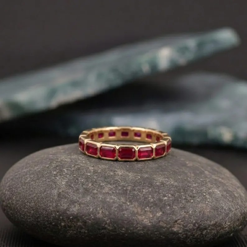 Baguette Cut Bezel Set Red Ruby Wedding Band, 14K Yellow Gold Dainty Anniversary Gift For Her, Stackable Bridal Jewelry Full Eternity Band