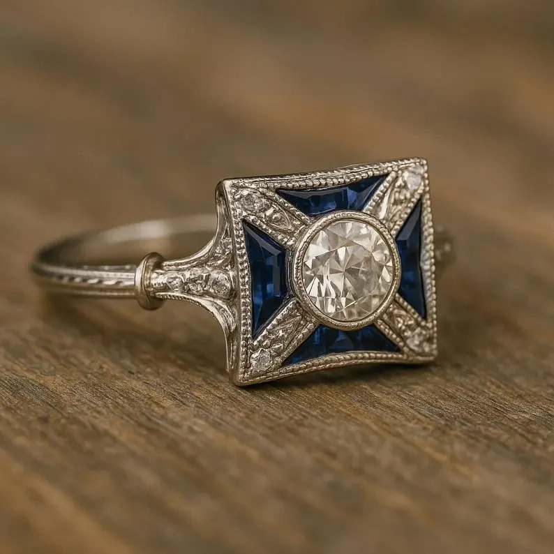 Antique Inspired Old European Diamond Ring – Edwardian Sapphire Engagement Ring – Art Deco Vintage Proposal Ring – Victorian Gift for Women
