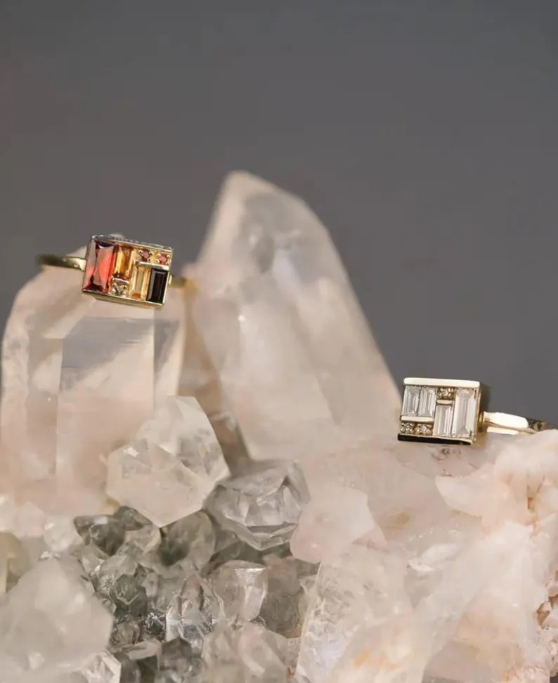 Unique Multi Gemstone Box Ring 14K Solid Gold Baguette Garnet Statement Ring, Art Deco Engagement Ring, Fine Jewelry Valentines Gift For Her