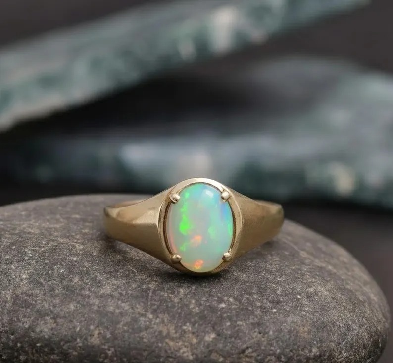Natural Opal Ring 14k Solid Gold Ring, Oval Cut Opal Engagement Ring, October Birthstone Ring, Delicate Opal Ring, Gold Statement Jewelry