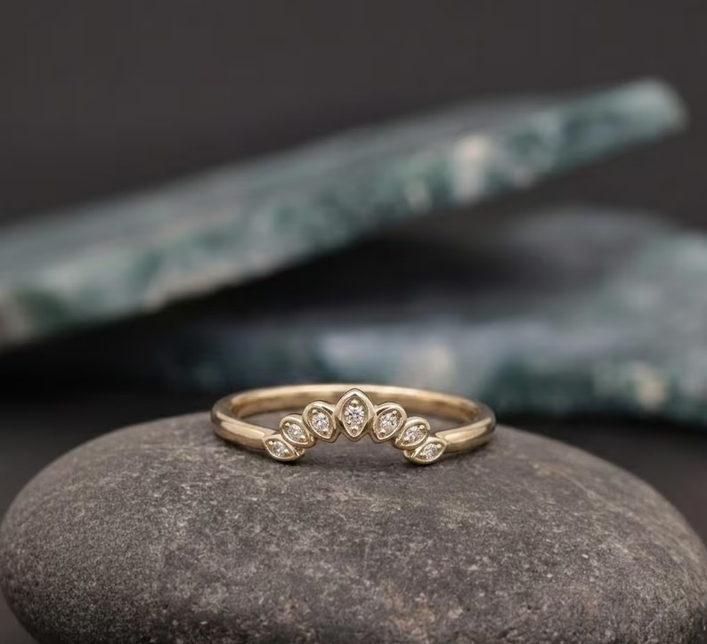 Round Moissanite Curved Band, 14k Solid Gold Cluster Wedding Band, Half Eternity Chevron Unique Band, Anniversary Proposal Gift Ring For Her
