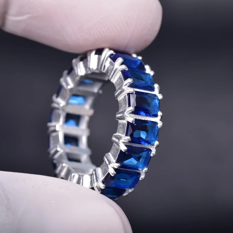 Full Eternity Stackable Band Lab Blue Sapphire Band CZ Solid 925 Sterling Silver Wedding Band, Eternity Band September Stone