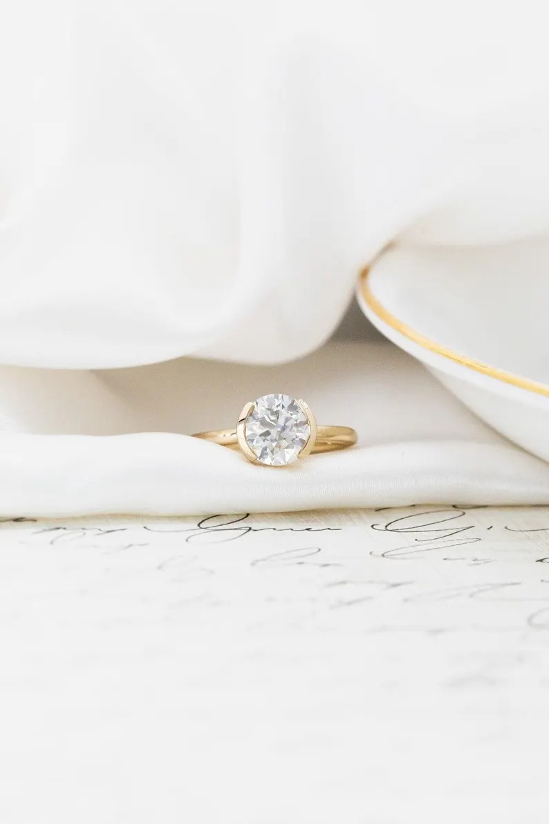2.00Ct Round cut Moissanite Bridal Ring, Half-Bezel Set Delicate Ring, Solitaire Engagement Ring, Yellow Gold Wedding Promise Ring For Women