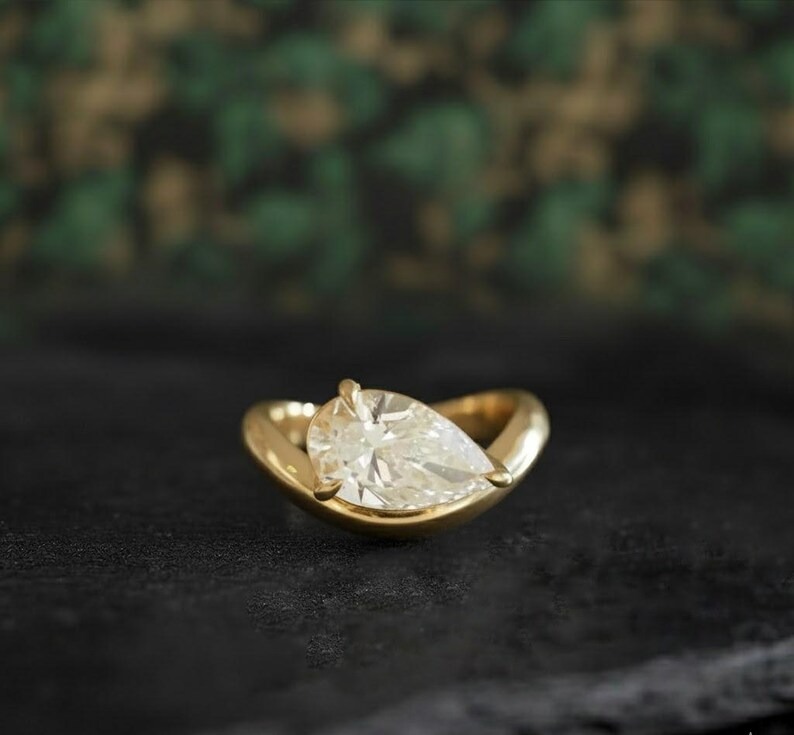 Moissanite Wave Shank Ring, Horizontal Tear Drop Unique Bridal Ring, 18K Yellow Gold Diamond Engagement Ring, Solitaire Promise Wedding Ring