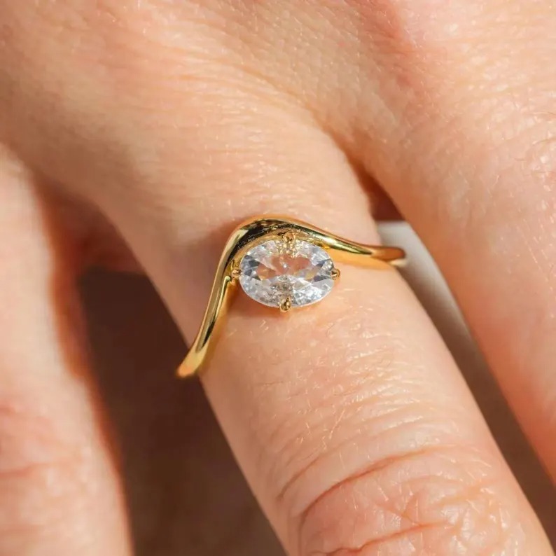 Oval Moissanite Ring 14k Solid Gold Floating Gem Ring East West Unique Sideway Oval Cut Ring Unique Floating Stone Wedding Promise Ring Gift