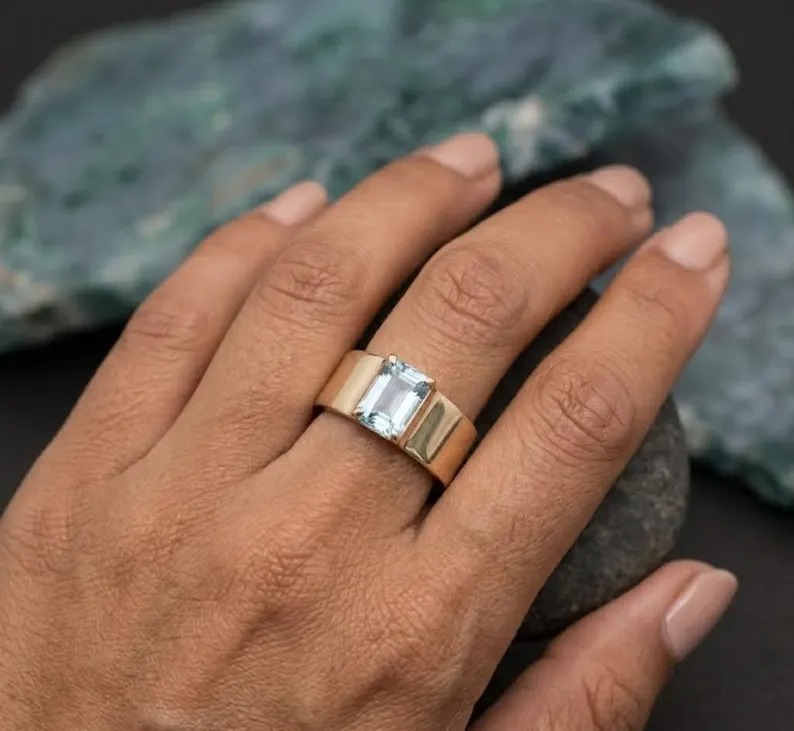 Emerald Cut Aquamarine Ring, Vintage 14k Solid Gold Anniversary Ring, March Birthstone Gifts Women, Aquamarine Engagement Ring For Her