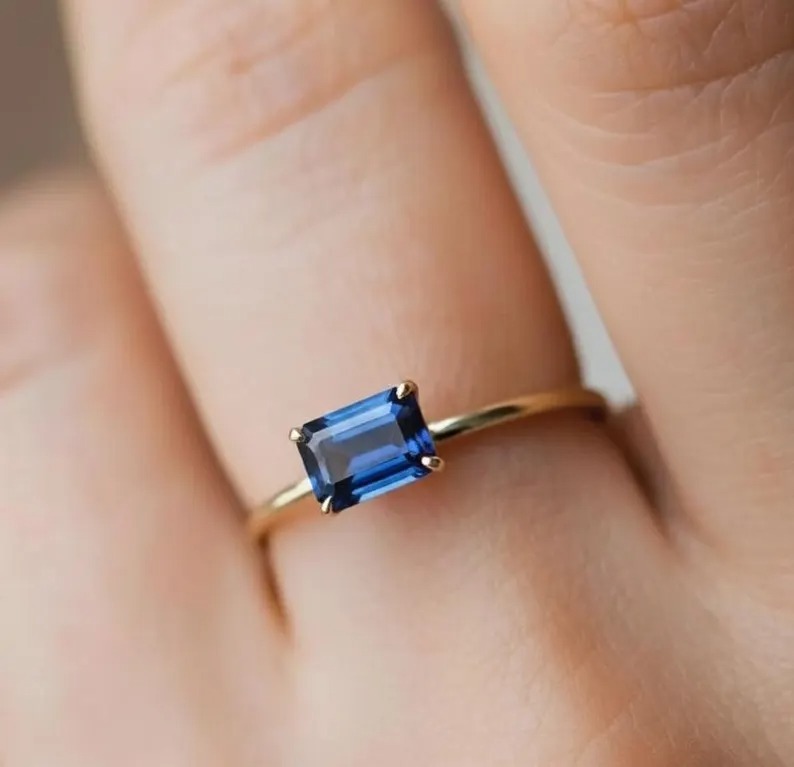 Sapphire Solitaire Ring, Baguette Cut Sapphire Blue Gemstone Ring, September Birthstone Ring, Minimalist Engagement Ring Gift For Her