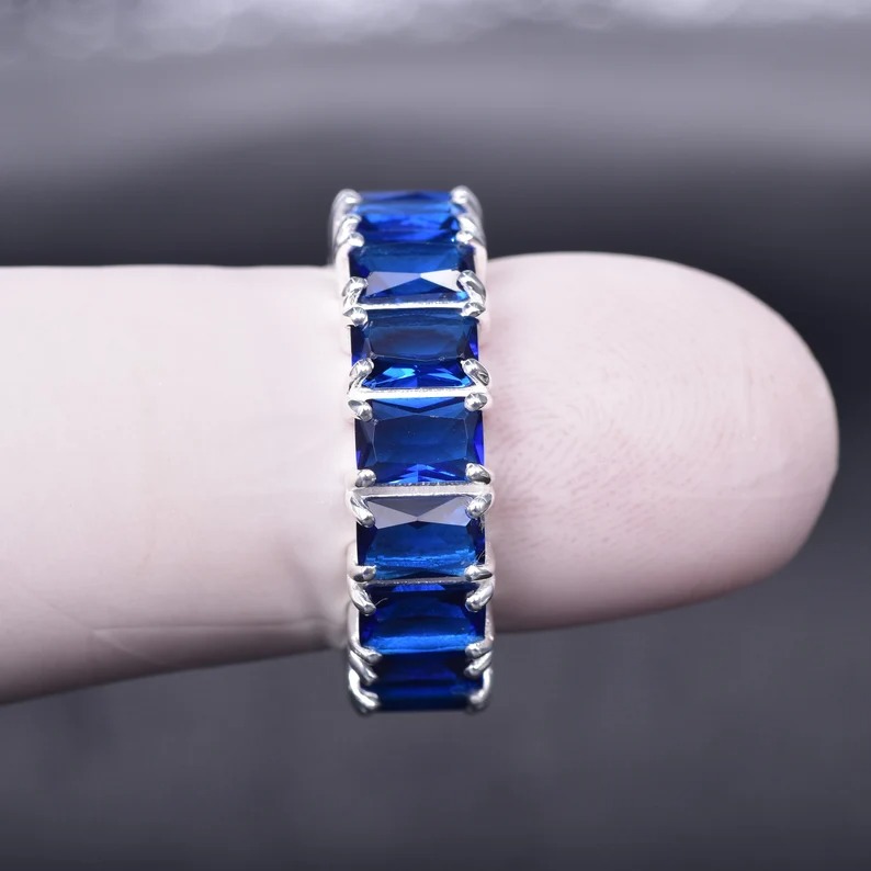Full Eternity Stackable Band Lab Blue Sapphire Band CZ Solid 925 Sterling Silver Wedding Band, Eternity Band September Stone