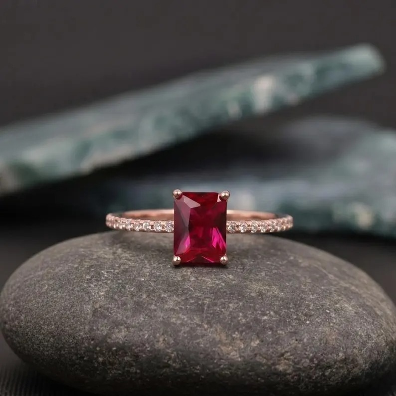 8*11mm Emerald Cut Lab Created Ruby Ring, Solid Yellow Gold Engagement Ring, Moissanite Bridal Ring, Wedding Promise Ring, Red Gemstone Ring