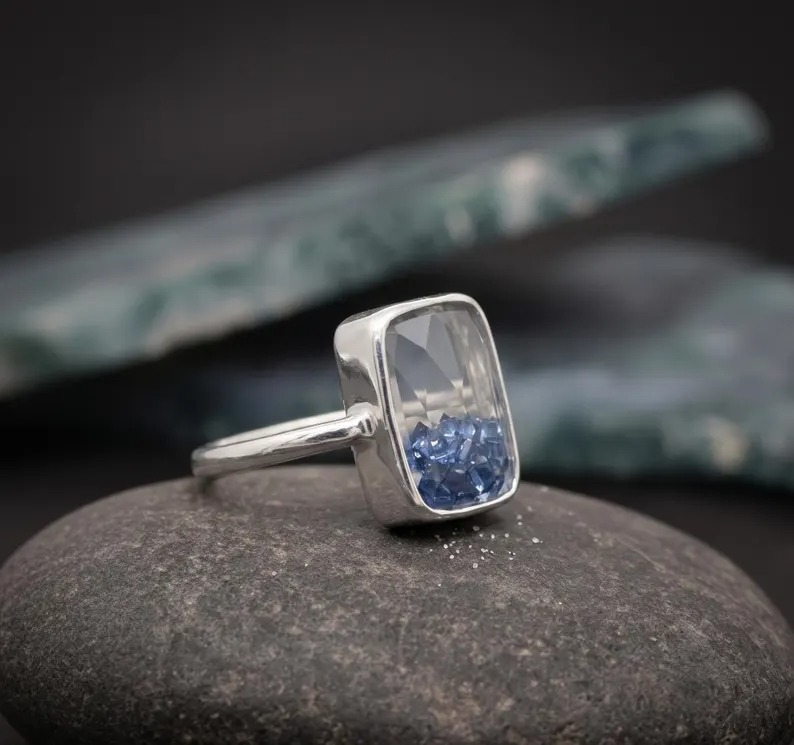 Rectangle Shaker Ring, Minimalist Statement Ring, Sterling Silver Shaker Ring Princess Shaped Sapphire Shaker Ring, Modern Geometric Jewelry