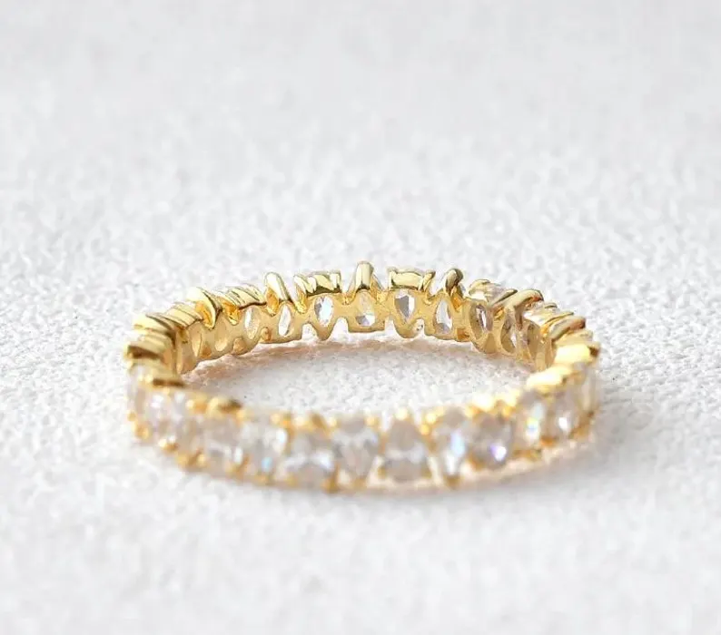Pear Cut Moissanite Wedding Band, Vintage Full Eternity Stacking Gold Band, Minimalist Anniversary Band, Dainty Bridal Gold Vintage Jewelry