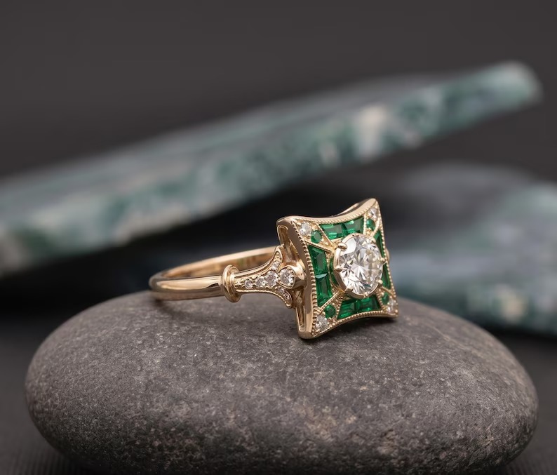Green Emerald & Moissanite Ring, Art Deco Cluster Engagement Ring, Princess Cut Ring, Antique Style Green Stone Ring, Geometric Bridal Ring