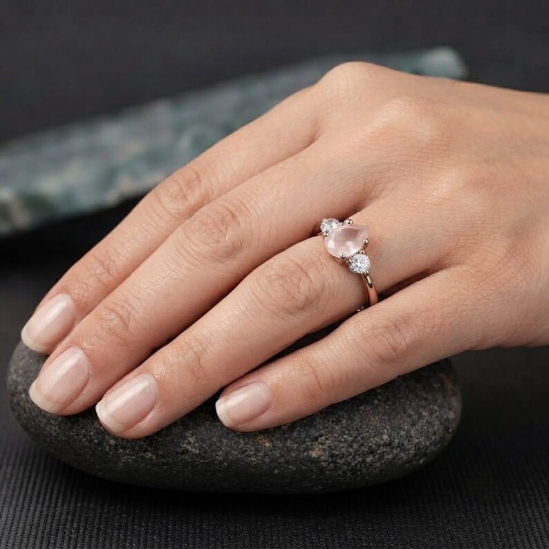 Natural Rose Quartz Three Stone Accent Ring, 925 Sterling Silver Ring For Her, Dainty Promise Ring, Pear Cut Rose Quartz Engagement Ring