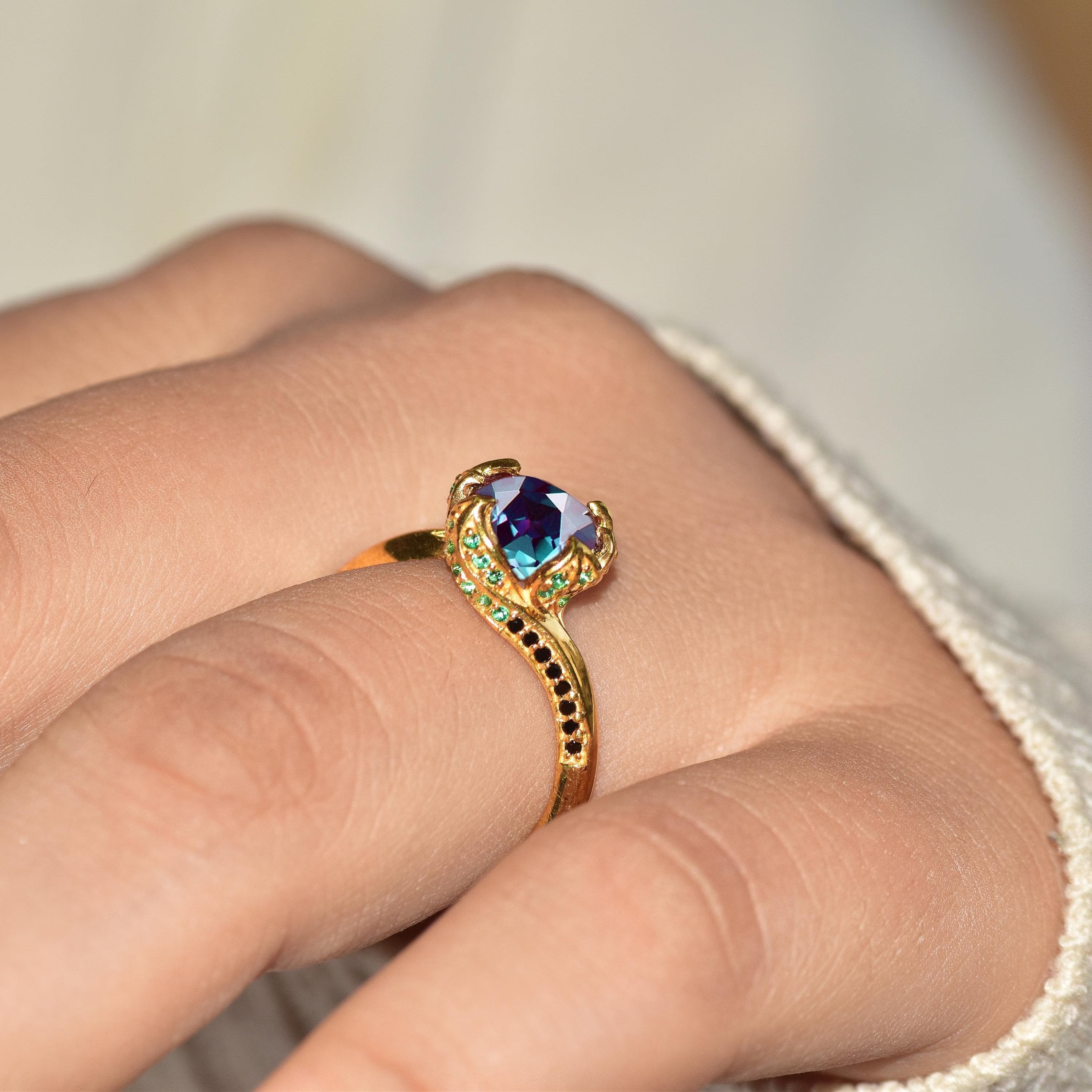 Alexandrite Engagement Ring Emerald Ring Color Change Alexandrite Ring Vintage Ring Rose Gold Alexandrite Ring Unique Ring Promise Ring