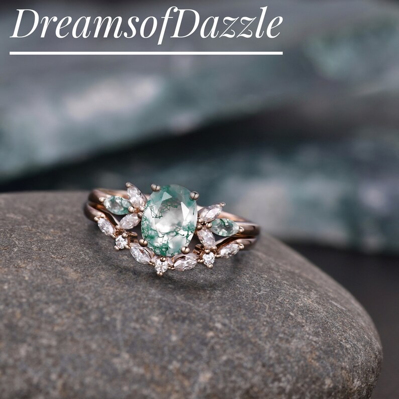 925 Sterling Silver Oval Cut Natural Moss Agate Ring For Women Wedding Engagement Band Gemstone Handmade Promise Ring Anniversary Ring Gift