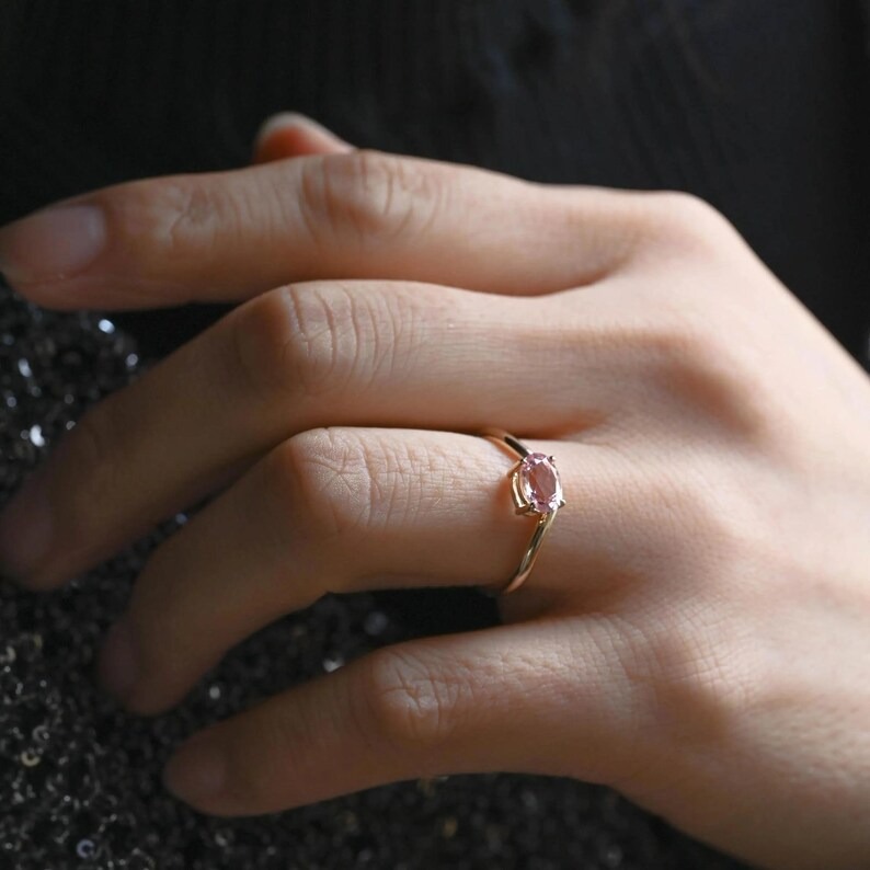 Oval Shaped Pink Sapphire Engagement Ring, Curved Wedding Band, Unique Bridal Gemstone Ring, Personalized Anniversary Ring Gift For Women