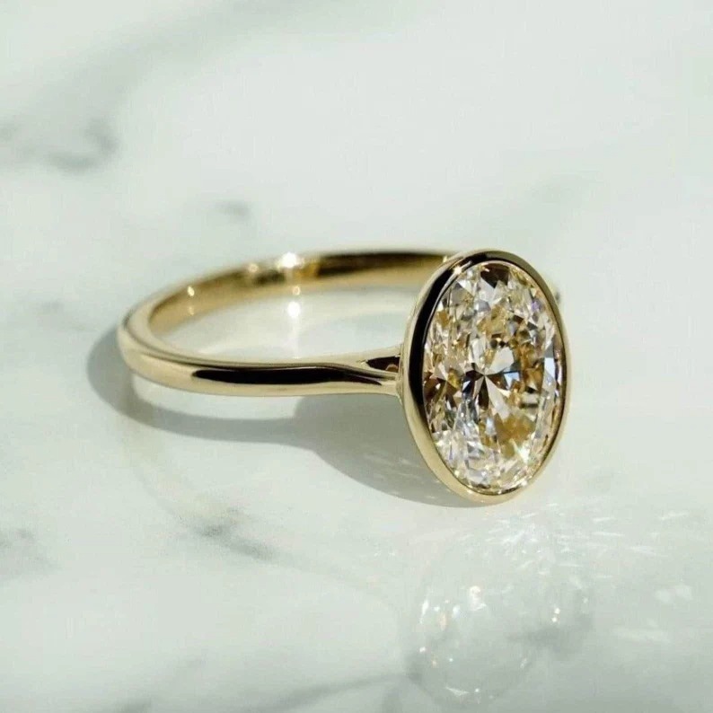 3ct Oval Cut Solitaire Bezel Ring / Oval Bezel Engagement Ring / Oval Cut Bezel Wedding Ring / Oval Cut Diamond Simulant CZ Ring