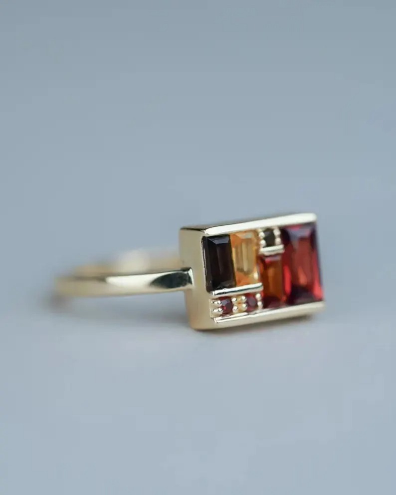 Unique Multi Gemstone Box Ring 14K Solid Gold Baguette Garnet Statement Ring, Art Deco Engagement Ring, Fine Jewelry Valentines Gift For Her