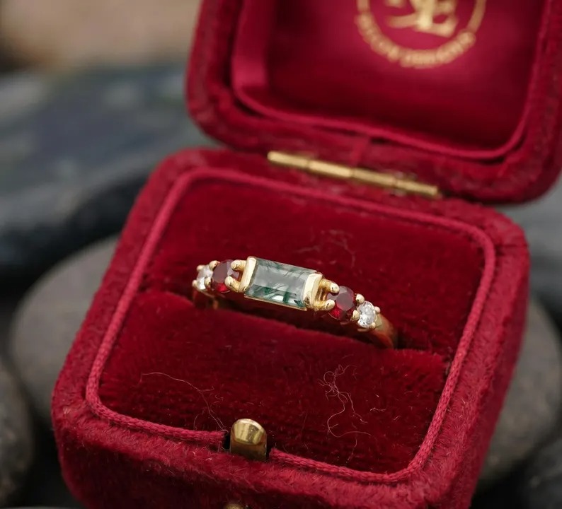 Moss Agate Garnet Ring-18k Gold Plated Vermeil Ring, Vintage Five Stone Band, Solitaire Jewelry, Dainty Diamond Cluster Ring, Christmas Gift