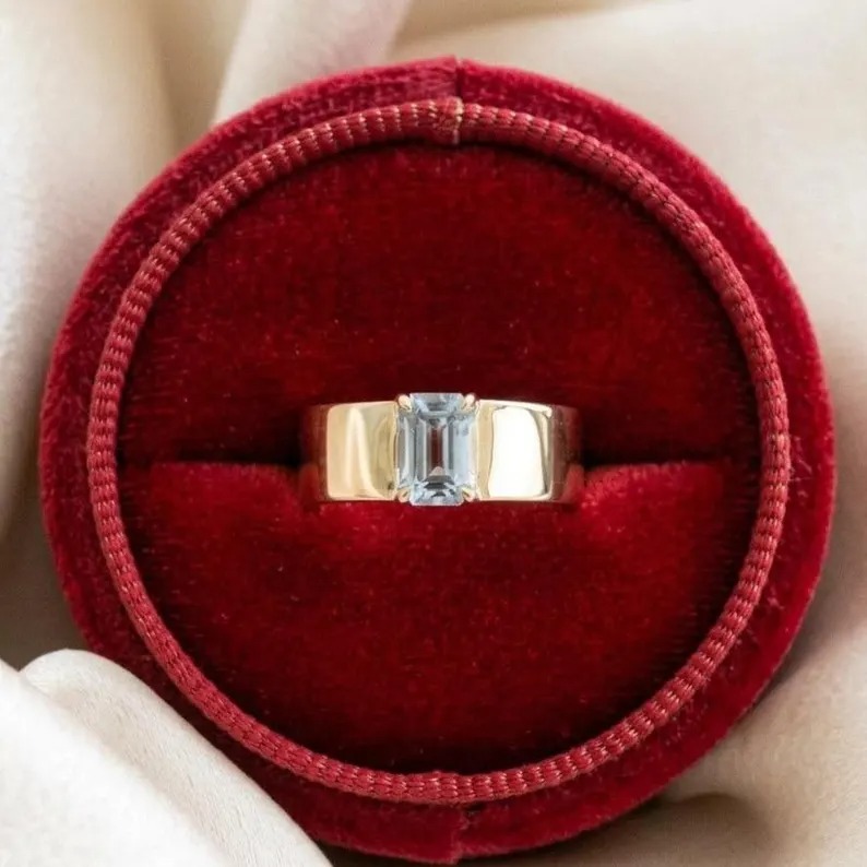 Emerald Cut Aquamarine Ring, Vintage 14k Solid Gold Anniversary Ring, March Birthstone Gifts Women, Aquamarine Engagement Ring For Her