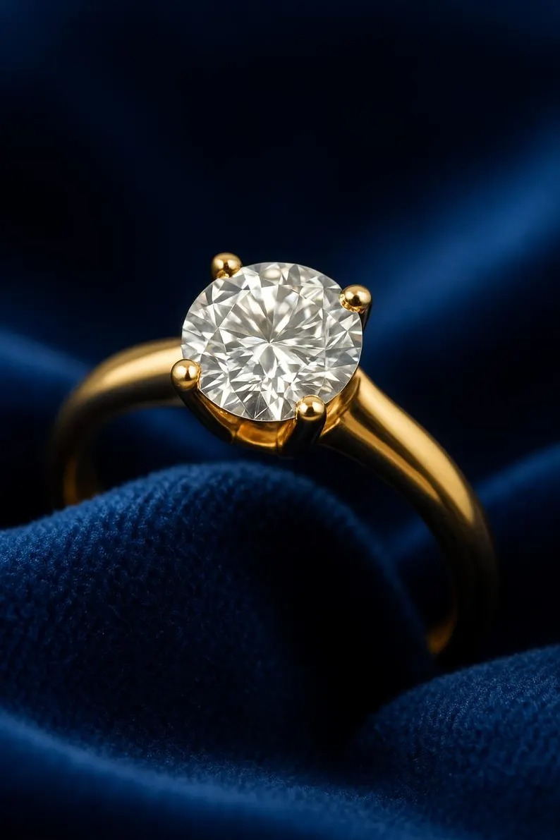 14K Handmade Gold Solitaire Ring Brilliant Round Cut Moissanite Single Stone Engagement Ring, Minimalist Gold Jewlery, Anniversary Gift Ring