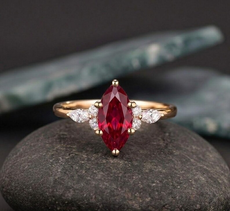 Marquise Ruby Ring, Red Gemstone Engagement Ring, Diamond Accent Cluster Ring, Vintage Red Ruby Promise Ring, July Birthstone Jewelry Gift