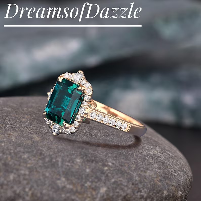 Emerald Engagement Ring 4ct Emerald Cut Solid 14K Gold Engagement Ring Cluster Ring Moissanite Bridal Ring Promise Ring Anniversary Gift