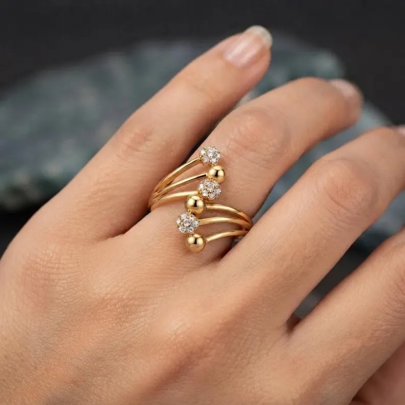 Gold Wrap Ring, Minimalist Adjustable Statement Ring, Dainty Open Band Ring, Round Moissanite Ring, Gift For Her, Modern Jewelry