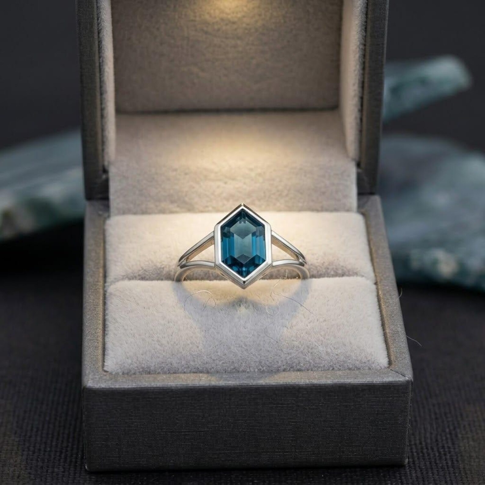 Hexagon Cut London Blue Topaz Solitaire Wedding Ring | Solid Gold Bezel Set Art Deco Statement Ring | December Birthstone | Gift for Women