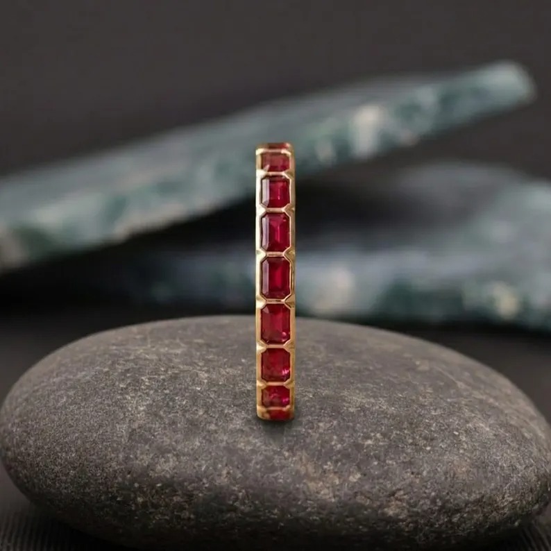 Baguette Cut Bezel Set Red Ruby Wedding Band, 14K Yellow Gold Dainty Anniversary Gift For Her, Stackable Bridal Jewelry Full Eternity Band