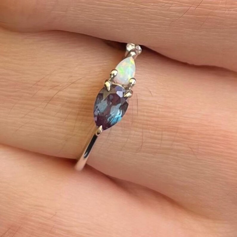 Vintage Alexandrite Opal Engagement Ring, Pear Cut Gems Art Deco Moissanite Wedding Band, Personalized Anniversary Gift Ring For Wife