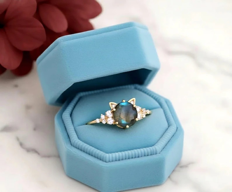 Unique Cat Ring Blue Gemstone Rose Gold Ring, Unique Cat Lover Gift, Round Labradorite Gemstone Wedding Ring, Cat Ear Promise Ring for Her