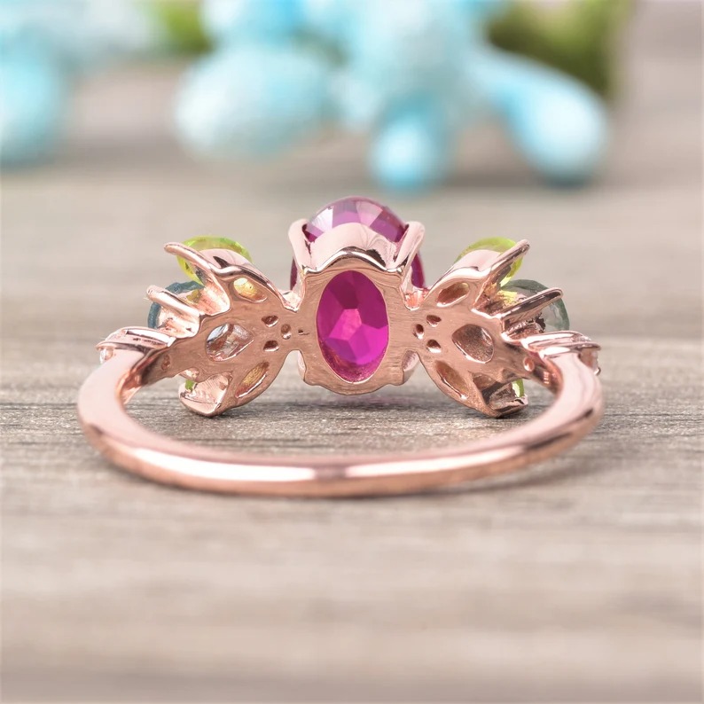 Beautiful Ruby Peridot Engagement Ring, 925 Solid Sterling Silver Ring, Ruby Cluster Ring, Ruby Aquamarine& peridot Ring Multi Gemstone Ring