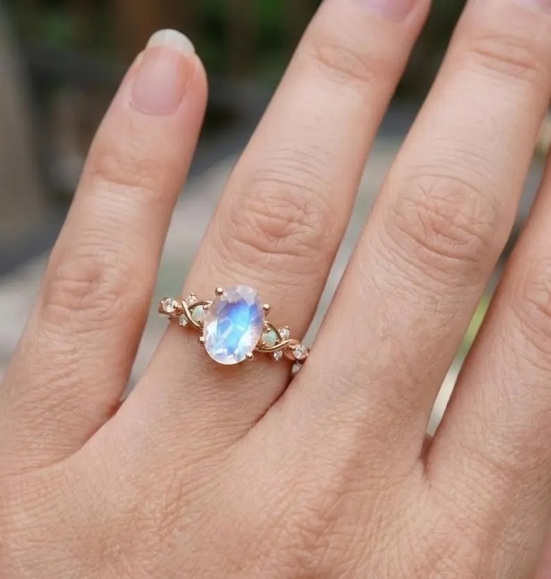 Vintage Oval Moonstone Ring 14K Solid Gold Moonstone Gemstone Engagement Ring Unique Opal Moissanite Promise Ring Anniversary Gift For Her