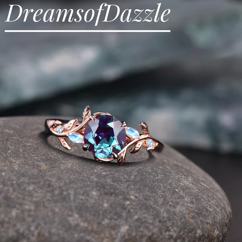 Vintage Alexandrite Engagement Ring: 1ct Round, Rose Gold Leaf, Moonstone Cluster
