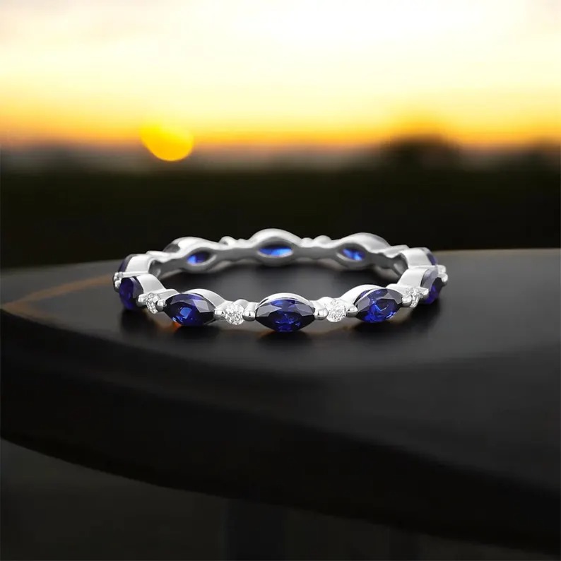 Full Eternity Stackable Band Lab Blue Sapphire Band CZ Solid 925 Sterling Silver Wedding Band, Eternity Band September Stone