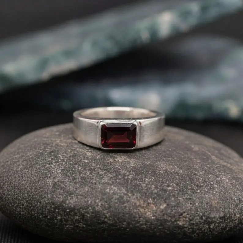 Red Garnet Signet Ring, 925 Sterling Silver, Simple Men And Women Baguette Cut Red Garnet Gemstone Jewelry, Christmas Gift, Promise Ring