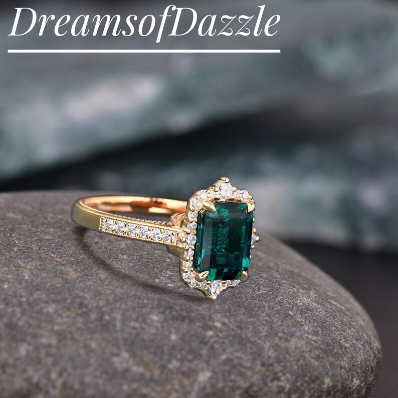 Emerald Engagement Ring 4ct Emerald Cut Solid 14K Gold Engagement Ring Cluster Ring Moissanite Bridal Ring Promise Ring Anniversary Gift