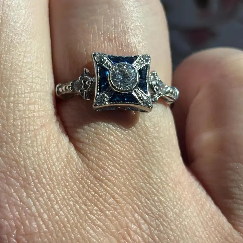 Antique Inspired Old European Diamond Ring – Edwardian Sapphire Engagement Ring – Art Deco Vintage Proposal Ring – Victorian Gift for Women